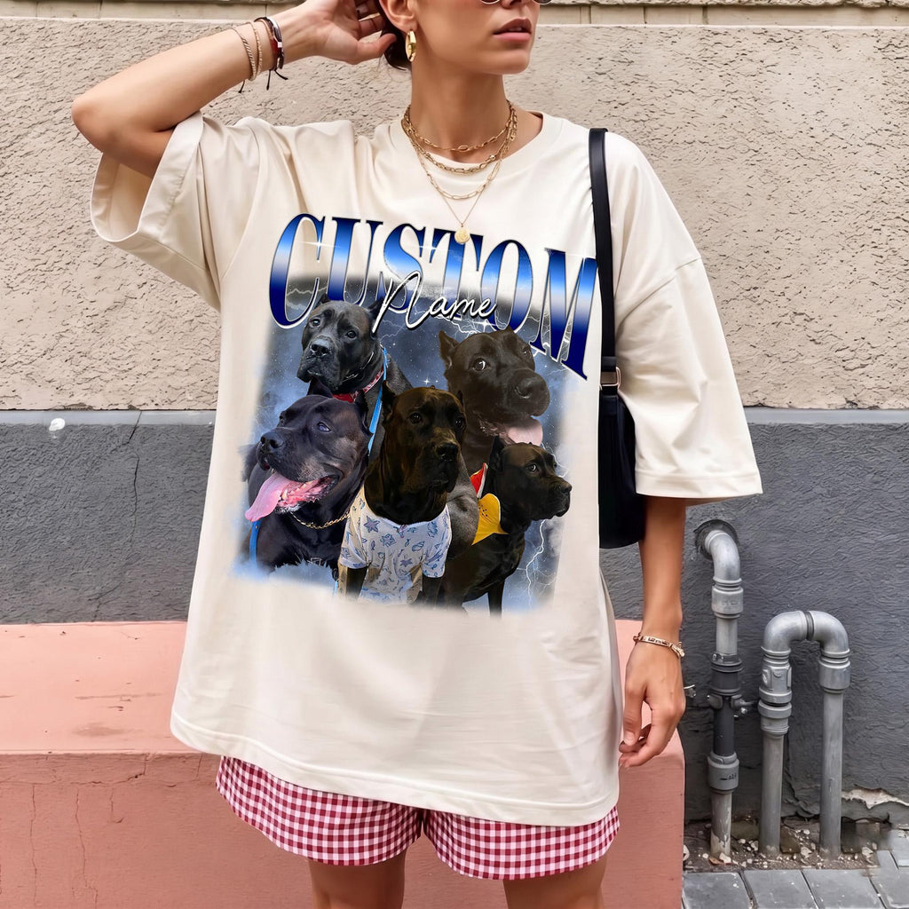 A woman in a cream graphic tee featuring a custom pet photo collage and bold blue text.