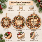 Size comparison chart showing 3.5, 4.5, and 5.5-inch wooden Mr & Mrs ornaments with 3-layer plywood details.