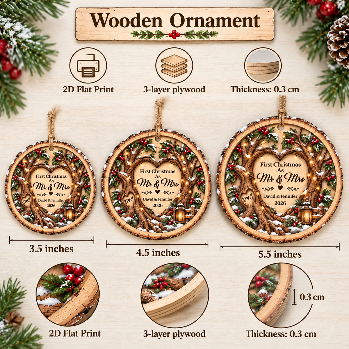 Size comparison chart showing 3.5, 4.5, and 5.5-inch wooden Mr & Mrs ornaments with 3-layer plywood details.