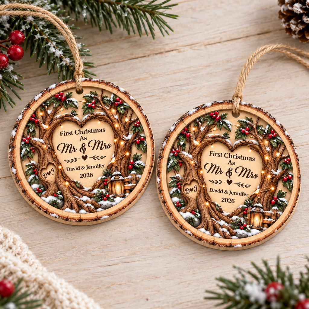 Customer in Los Angeles wearing First Christmas As Mr & Mrs Ornament Personalized Wedding Keepsake Rustic Wood Couple Gift