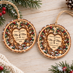 Customer in Los Angeles wearing First Christmas As Mr & Mrs Ornament Personalized Wedding Keepsake Rustic Wood Couple Gift