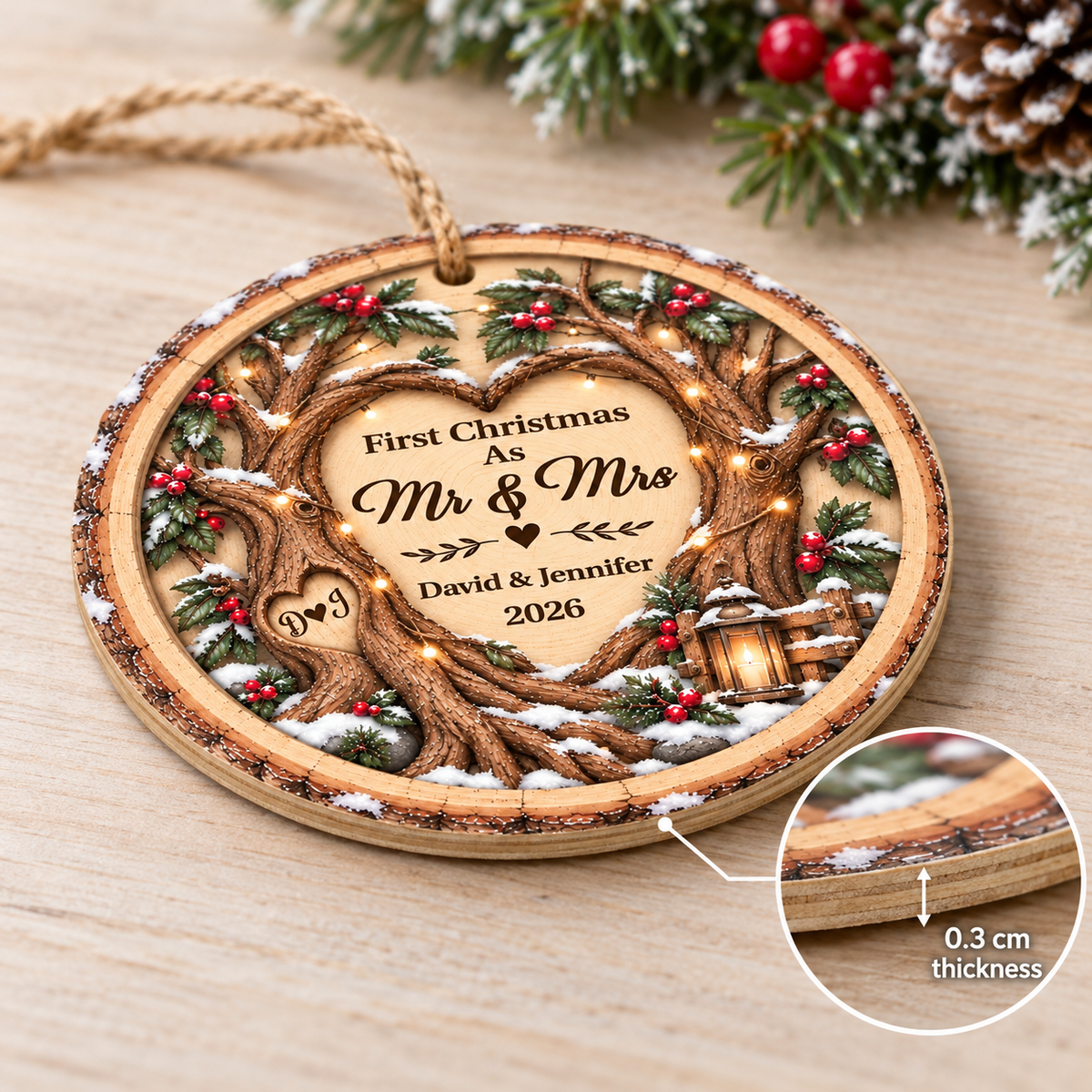 Close-up of First Christmas As Mr & Mrs Ornament Personalized Wedding Keepsake Rustic Wood Couple Gift for streetwear fans in Los Angeles