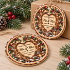 Customer in Los Angeles wearing First Christmas As Mr & Mrs Ornament Personalized Wedding Keepsake Rustic Wood Couple Gift