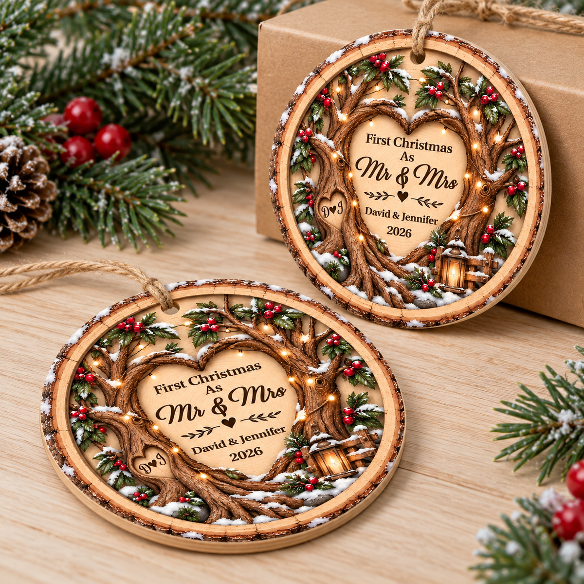 Customer in Los Angeles wearing First Christmas As Mr & Mrs Ornament Personalized Wedding Keepsake Rustic Wood Couple Gift