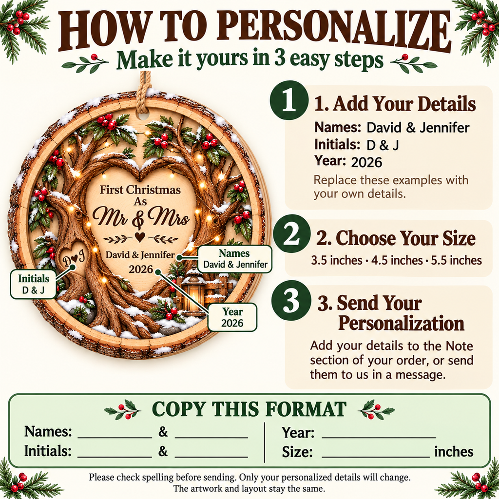 Close-up of First Christmas As Mr & Mrs Ornament Personalized Wedding Keepsake Rustic Wood Couple Gift for streetwear fans in Los Angeles