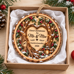 Customer in Los Angeles wearing First Christmas As Mr & Mrs Ornament Personalized Wedding Keepsake Rustic Wood Couple Gift