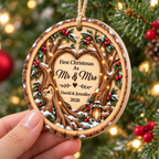 Close-up of First Christmas As Mr & Mrs Ornament Personalized Wedding Keepsake Rustic Wood Couple Gift for streetwear fans in Los Angeles