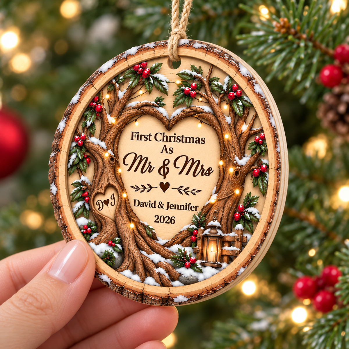 Close-up of First Christmas As Mr & Mrs Ornament Personalized Wedding Keepsake Rustic Wood Couple Gift for streetwear fans in Los Angeles
