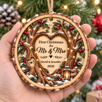Customer in Los Angeles wearing First Christmas As Mr & Mrs Ornament Personalized Wedding Keepsake Rustic Wood Couple Gift
