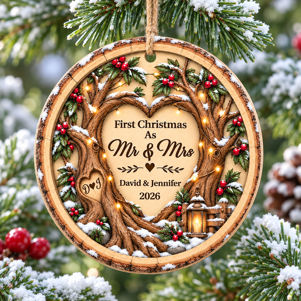 Personalized First Christmas As Mr & Mrs ornament hanging on a snowy pine tree branch, featuring custom names and date.