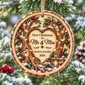 Personalized First Christmas As Mr & Mrs ornament hanging on a snowy pine tree branch, featuring custom names and date.