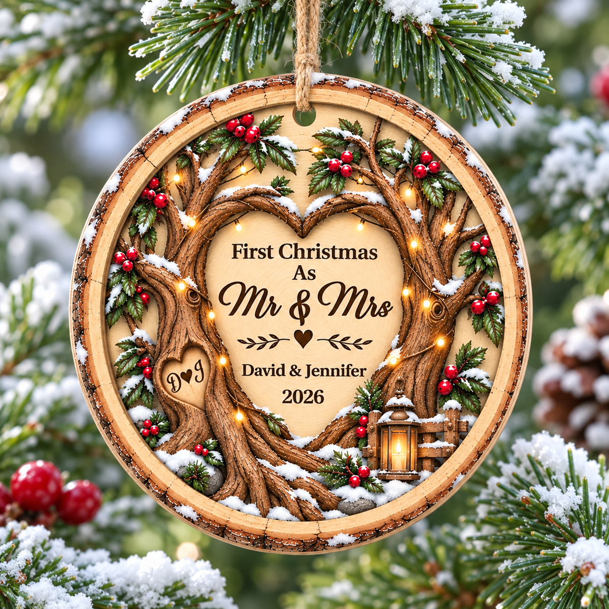 Personalized First Christmas As Mr & Mrs ornament hanging on a snowy pine tree branch, featuring custom names and date.