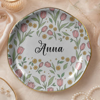 Floral Ceramic Trinket Dish Personalized Ring Holder Custom Jewelry Catchall Vanity Tray Gift for Her