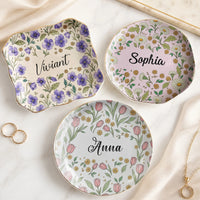 Floral Ceramic Trinket Dish Personalized Ring Holder Custom Jewelry Catchall Vanity Tray Gift for Her