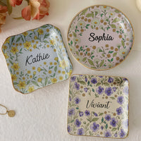 Floral Ceramic Trinket Dish Personalized Ring Holder Custom Jewelry Catchall Vanity Tray Gift for Her