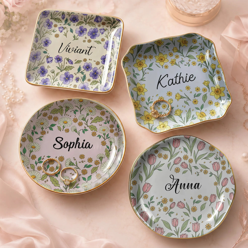 Floral Ceramic Trinket Dish Personalized Ring Holder Custom Jewelry Catchall Vanity Tray Gift for Her