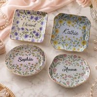 Floral Ceramic Trinket Dish Personalized Ring Holder Custom Jewelry Catchall Vanity Tray Gift for Her