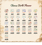 Catalog chart displaying various monthly birth flower print options labeled A1 through A25 for custom orders.
