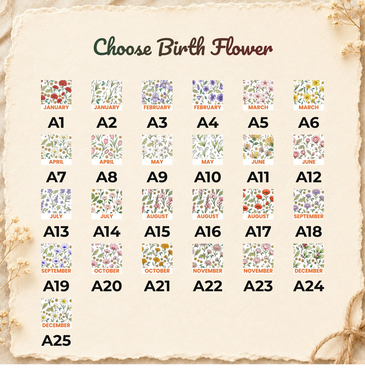 Catalog chart displaying various monthly birth flower print options labeled A1 through A25 for custom orders.