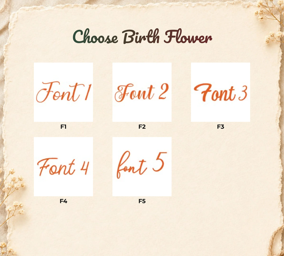 Catalog chart displaying five distinct script font options labeled F1 through F5 for personalized dish text.