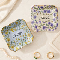 Floral Ceramic Trinket Dish Personalized Ring Holder Custom Jewelry Catchall Vanity Tray Gift for Her