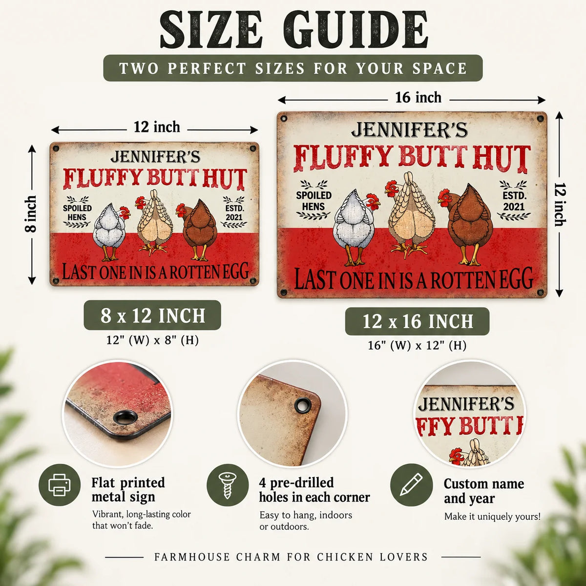Close-up of Fluffy Butt Hut Spoiled Hens Sign Funny Chicken Coop Decor Last One In Is A Rotten Egg Rustic Farmho