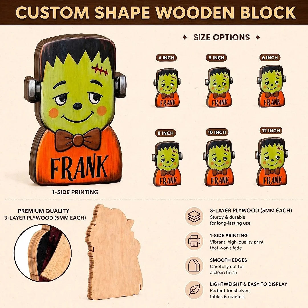 Customer in Los Angeles wearing Frankenstein's Monster Wooden Tabletop Decoration, Personalized Halloween Shelf Sitter Spooky Mantel