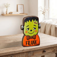 Customer in Los Angeles wearing Frankenstein's Monster Wooden Tabletop Decoration, Personalized Halloween Shelf Sitter Spooky Mantel
