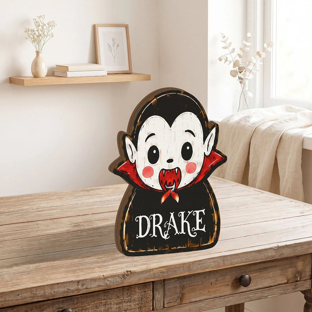 Close-up of Frankenstein's Monster Wooden Tabletop Decoration, Personalized Halloween Shelf Sitter Spooky Mantel for streetwear fans in Los Angeles