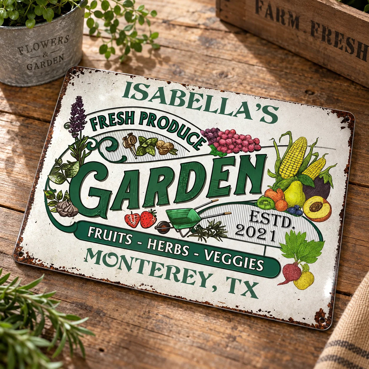 Close-up of Fresh Produce Garden Fruits Herbs Veggies Sign Vintage Rustic Farmhouse Metal Decor for Farmers Mark
