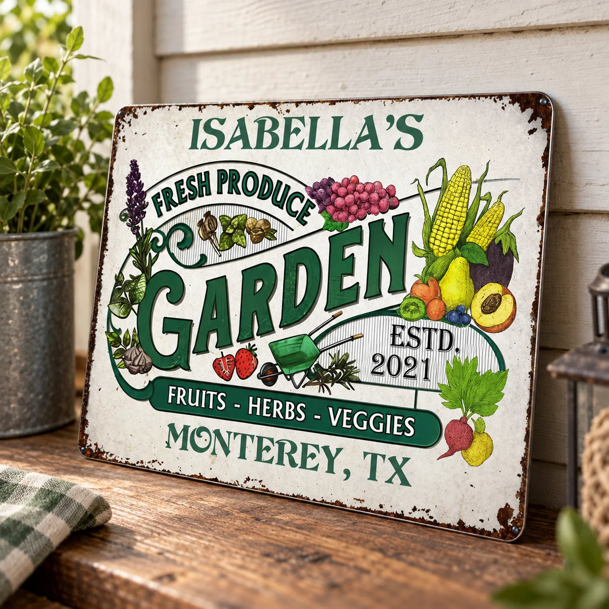 Fresh Produce Garden Fruits Herbs Veggies Sign Vintage Rustic Farmhouse Metal Decor for Farmers Mark