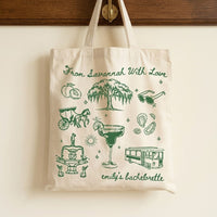 Custom Savannah Bachelorette Girls Trip Favor Canvas Tote Bag Bridesmaids Bridal Party Southern Charm Coastal Preppy Aesthetic Natural Cotton Canvas Reusable Welcome Gift Bag Weeping Willow Peach Print Weekend Getaway Hangover Kit