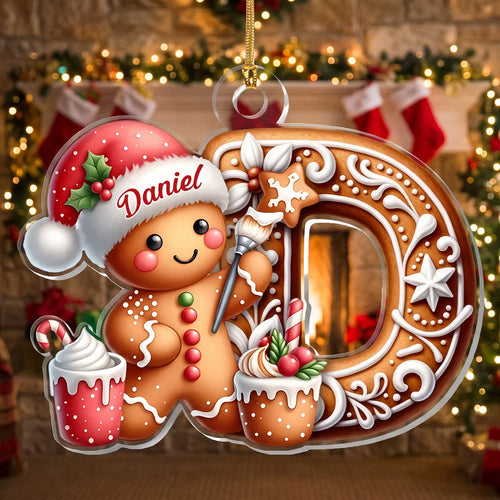 Gingerbread Alphabet Letter Christmas Ornament Personalized Custom Name Cute Gingerbread Man Snowman on a hanger, ready to ship from Los Angeles