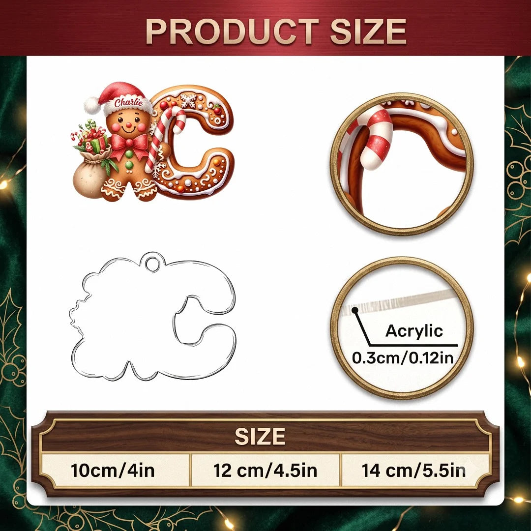 Customer in Los Angeles wearing Gingerbread Alphabet Letter Christmas Ornament Personalized Custom Name Cute Gingerbread Man Snowman