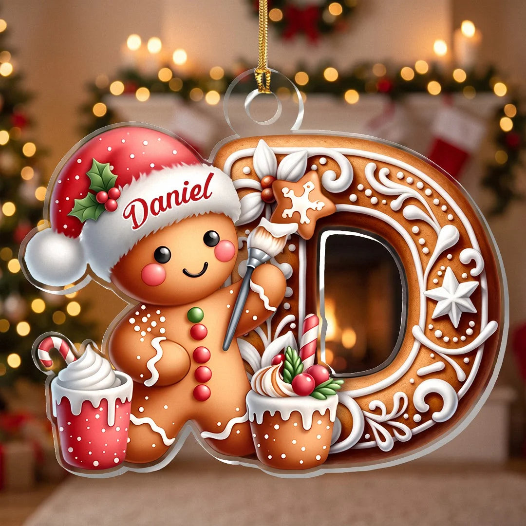 Customer in Los Angeles wearing Gingerbread Alphabet Letter Christmas Ornament Personalized Custom Name Cute Gingerbread Man Snowman