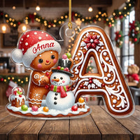 Customer in Los Angeles wearing Gingerbread Alphabet Letter Christmas Ornament Personalized Custom Name Cute Gingerbread Man Snowman