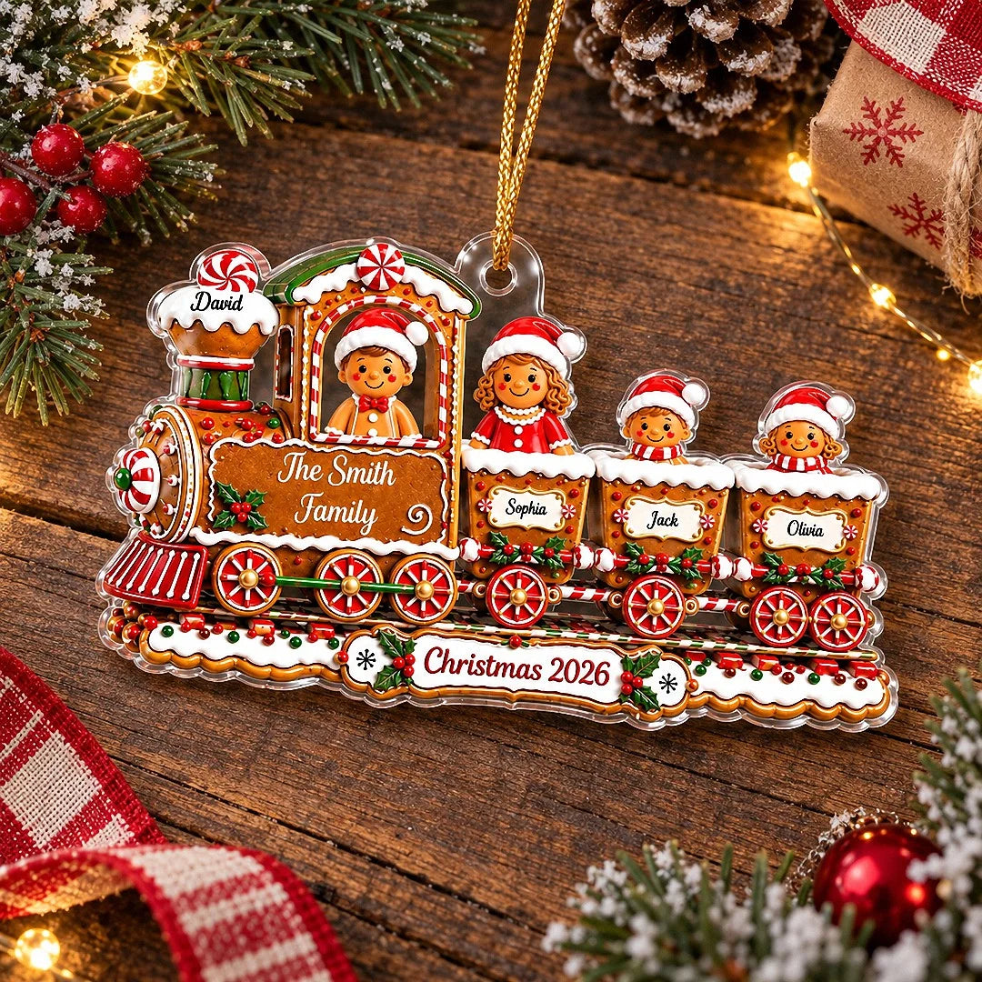 Close-up of Gingerbread Train Ornament Personalized Christmas Tree Decor Custom Name Holiday Gift