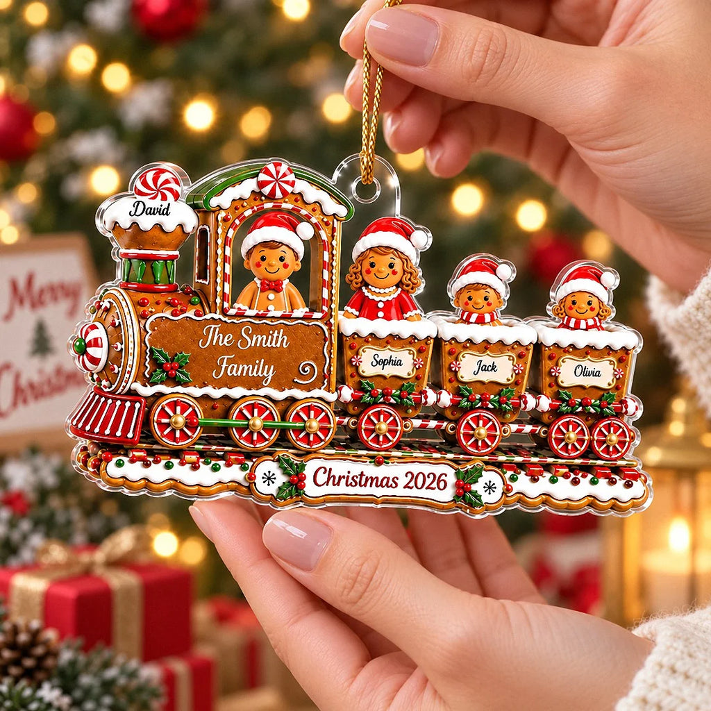 Close-up of Gingerbread Train Ornament Personalized Christmas Tree Decor Custom Name Holiday Gift