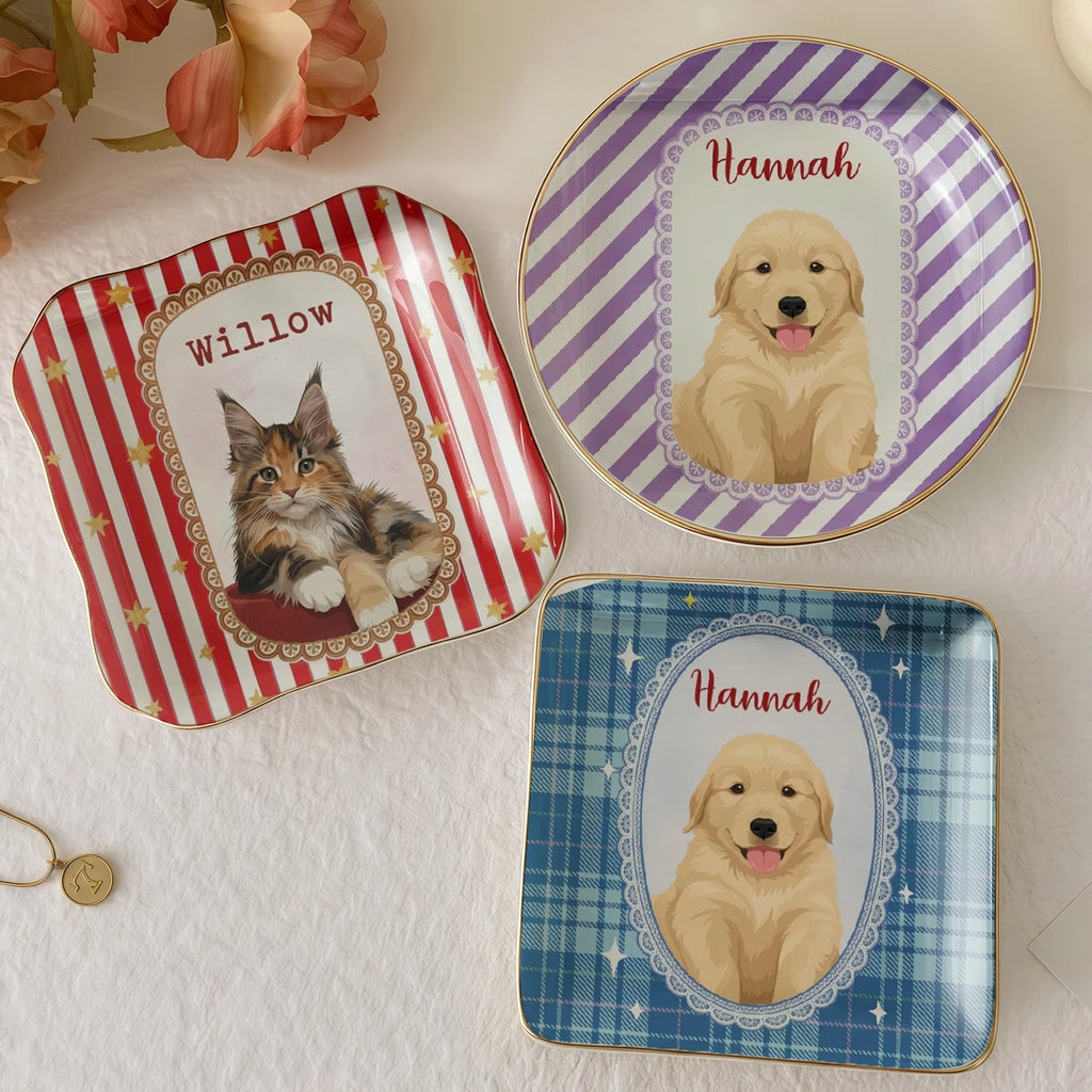 Dog mom catchall dishes including a square red striped tray featuring a cat illustration and two puppy jewelry dishes.