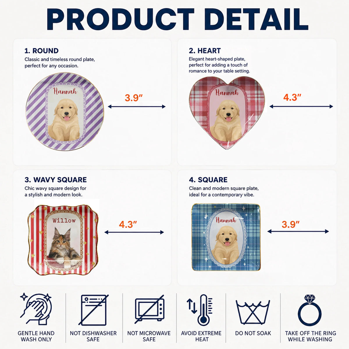 Product specification graphic showing four shapes of the Golden Retriever Ceramic Trinket Dish with size labels.