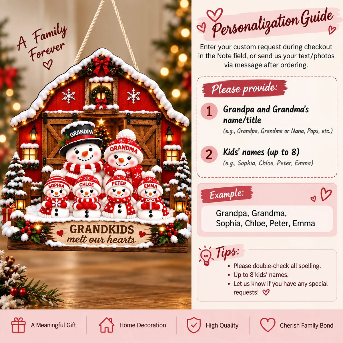 Close-up of GRANDKIDS Melt Our Hearts Personalized Christmas Snowman Family Wall Sign Custom Name Grandparent Gi