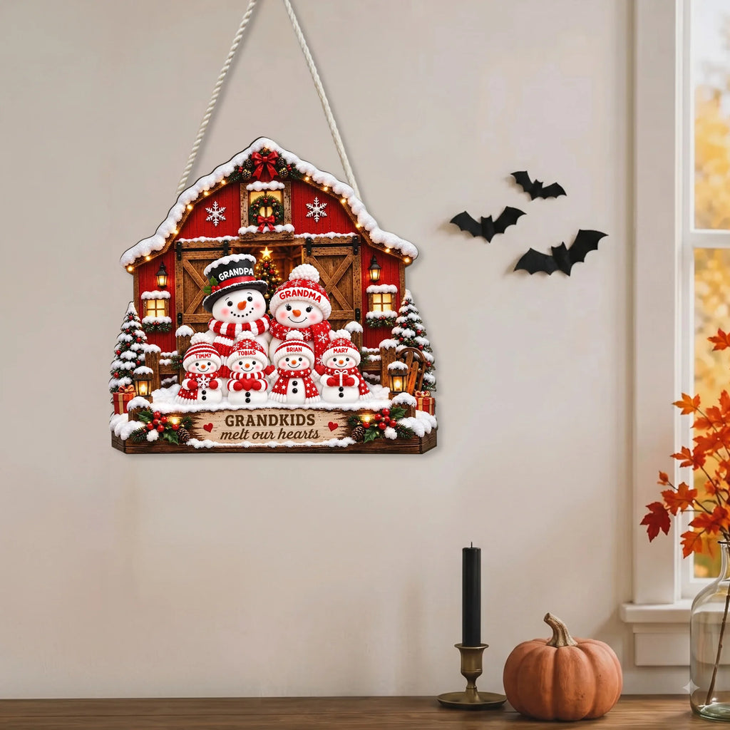 GRANDKIDS Melt Our Hearts Personalized Christmas Snowman Family Wall Sign Custom Name Grandparent Gi