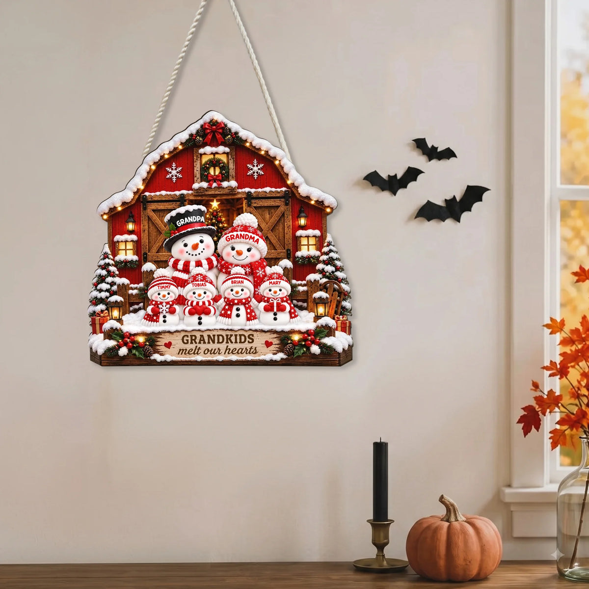 GRANDKIDS Melt Our Hearts Personalized Christmas Snowman Family Wall Sign Custom Name Grandparent Gi