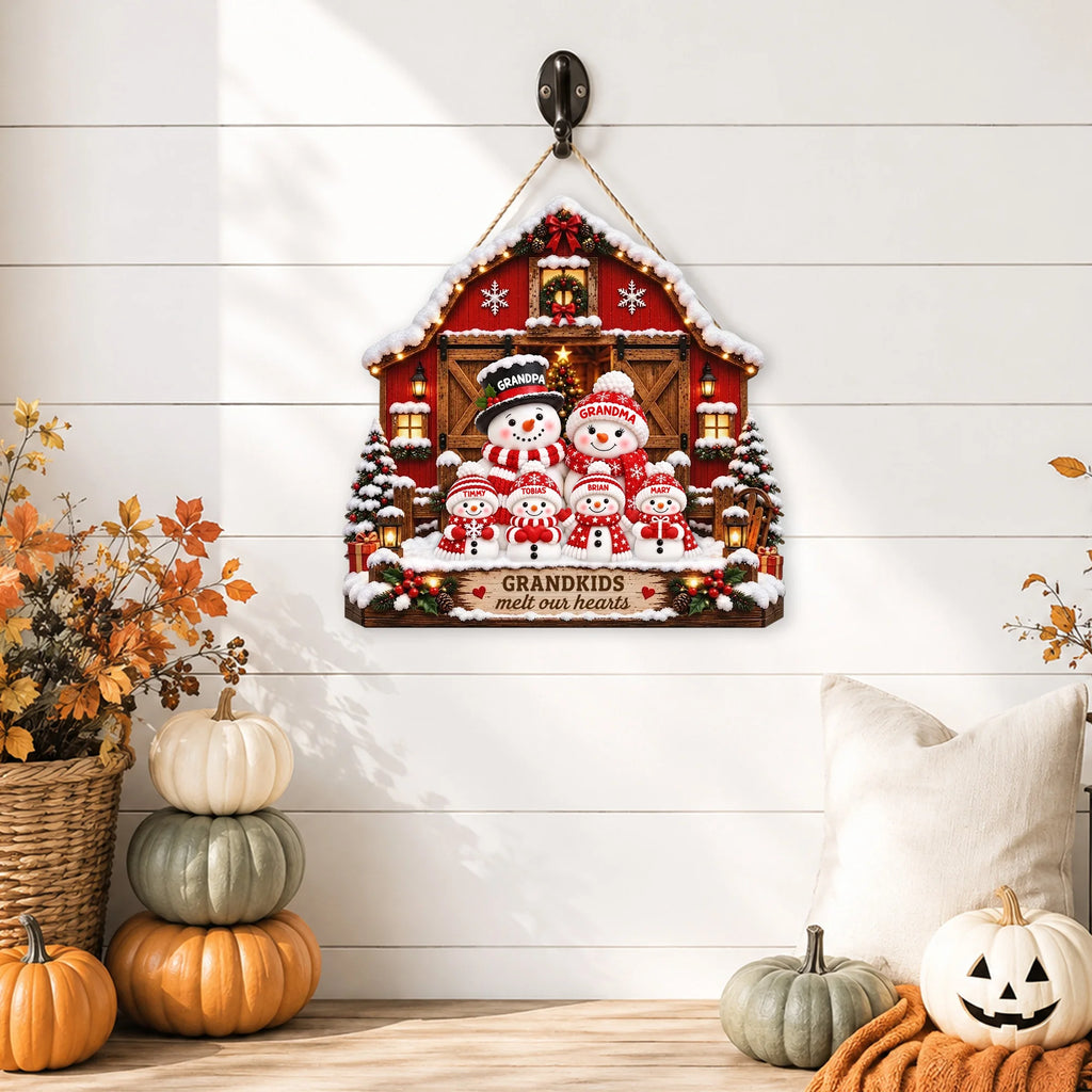 GRANDKIDS Melt Our Hearts Personalized Christmas Snowman Family Wall Sign Custom Name Grandparent Gi