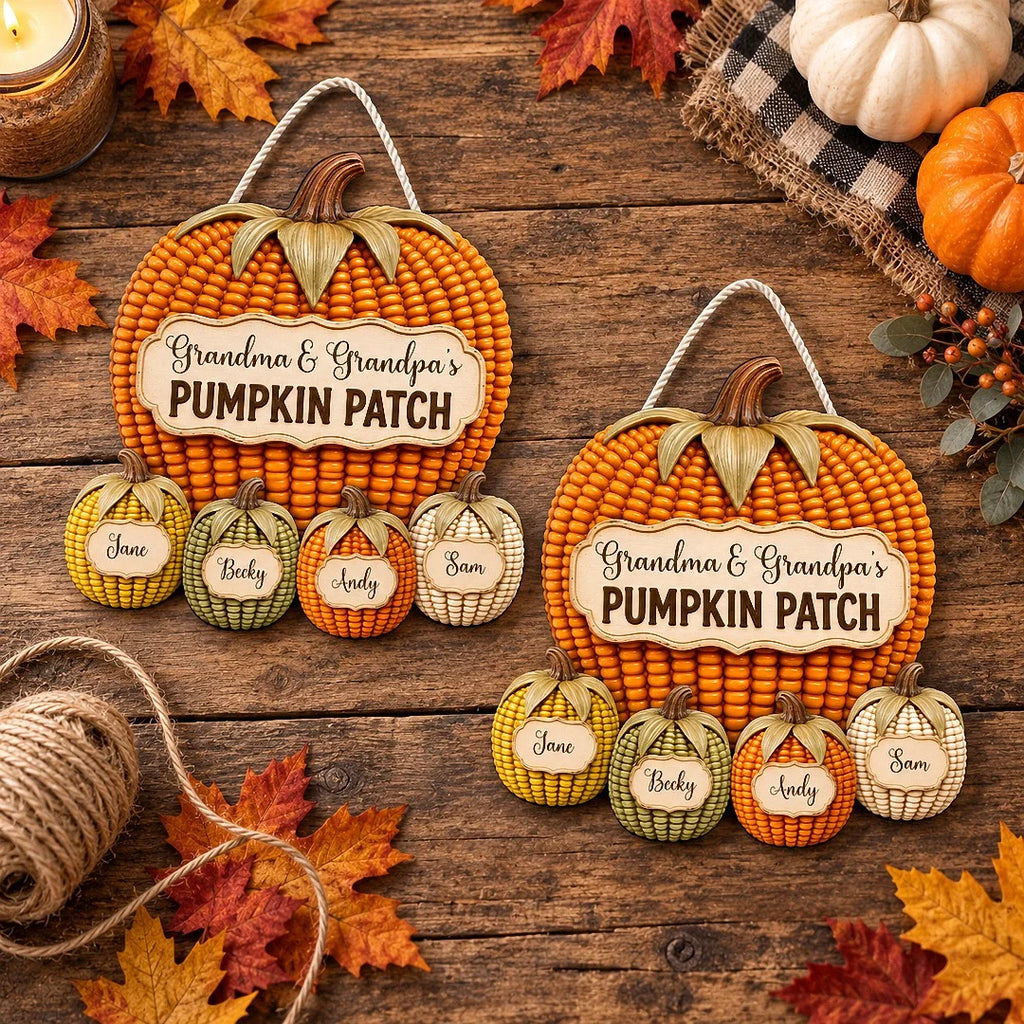 Close-up of Grandma & Grandpa's PUMPKIN PATCH Personalized Wall Hanging Fall Family Decor Gift