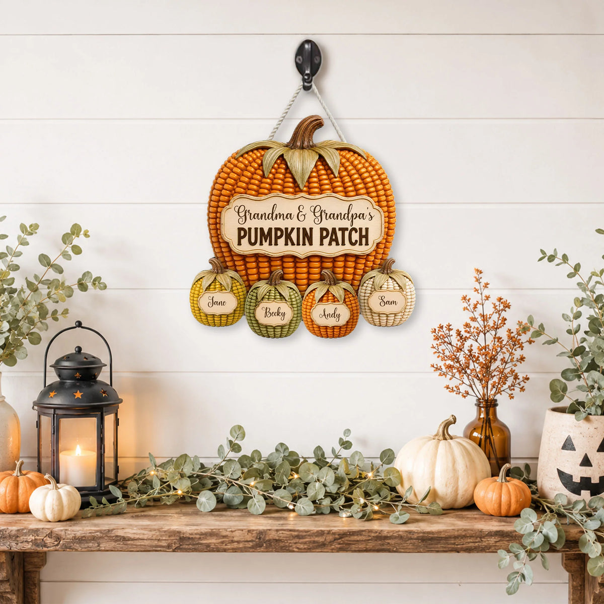Close-up of Grandma & Grandpa's PUMPKIN PATCH Personalized Wall Hanging Fall Family Decor Gift