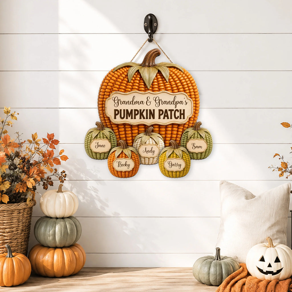 Close-up of Grandma & Grandpa's PUMPKIN PATCH Personalized Wall Hanging Fall Family Decor Gift