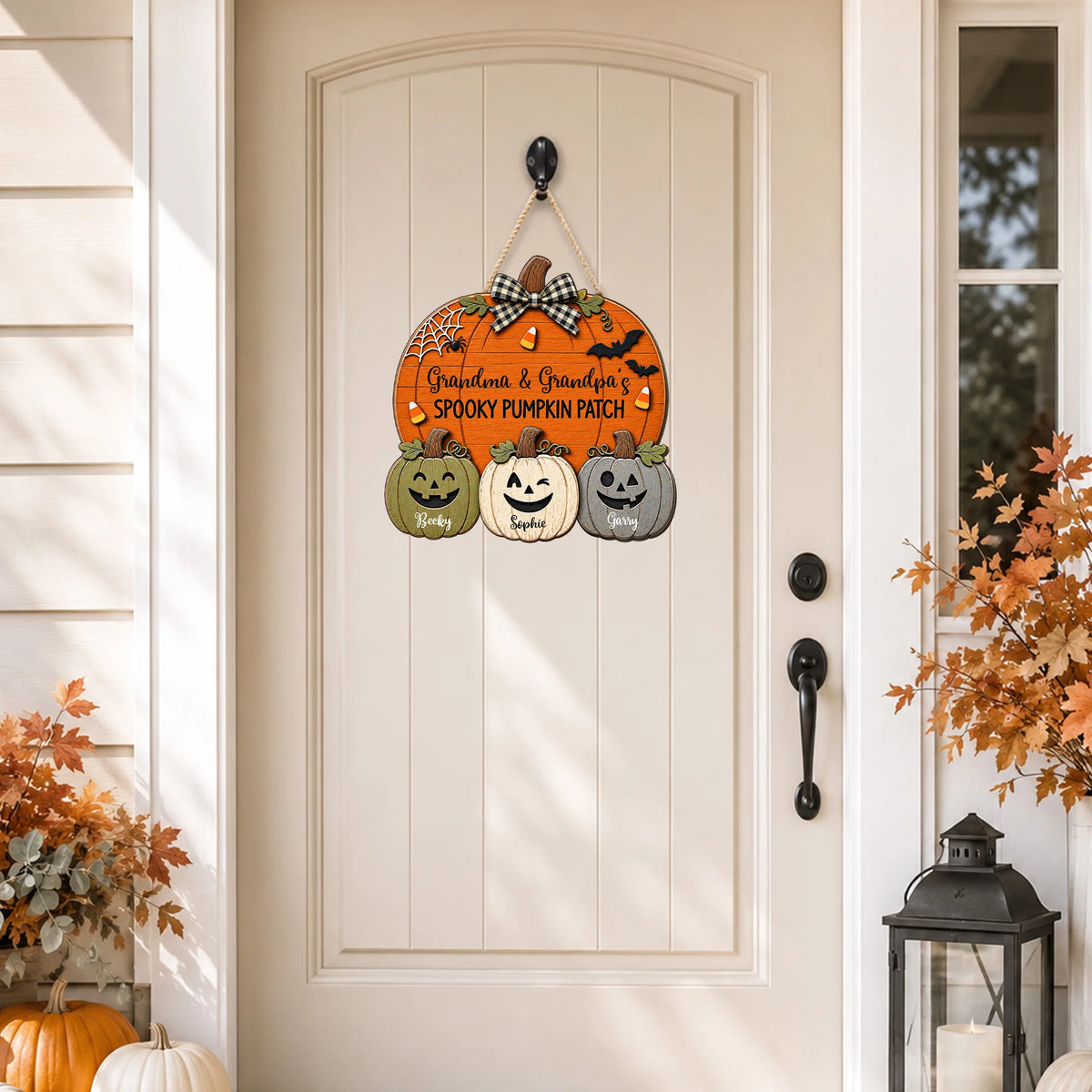 Close-up of Grandma & Grandpa's Spooky Pumpkin Patch Wall Decor Personalized Halloween Farmhouse Sign