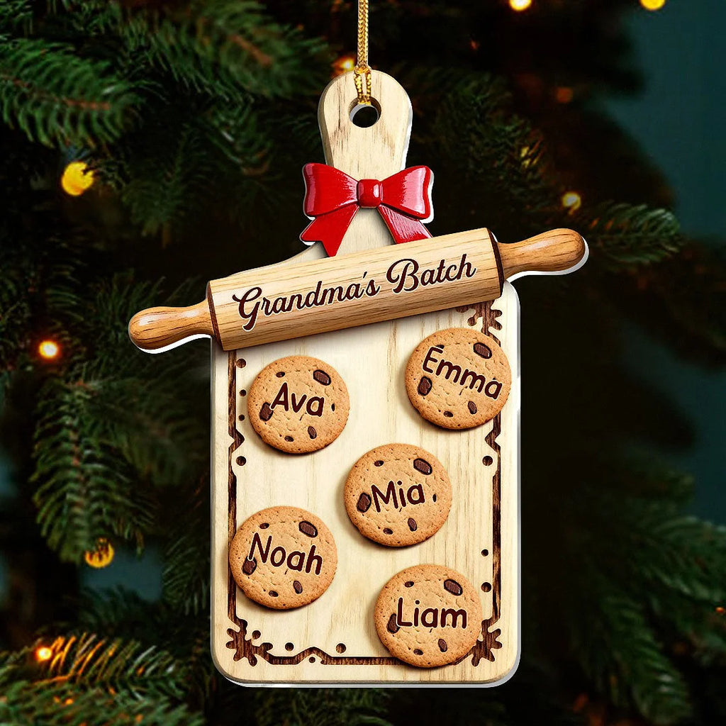 Close-up of Grandma's Batch Ornament Custom Name Christmas Cookie Cutting Board Personalized Gift for Grandma