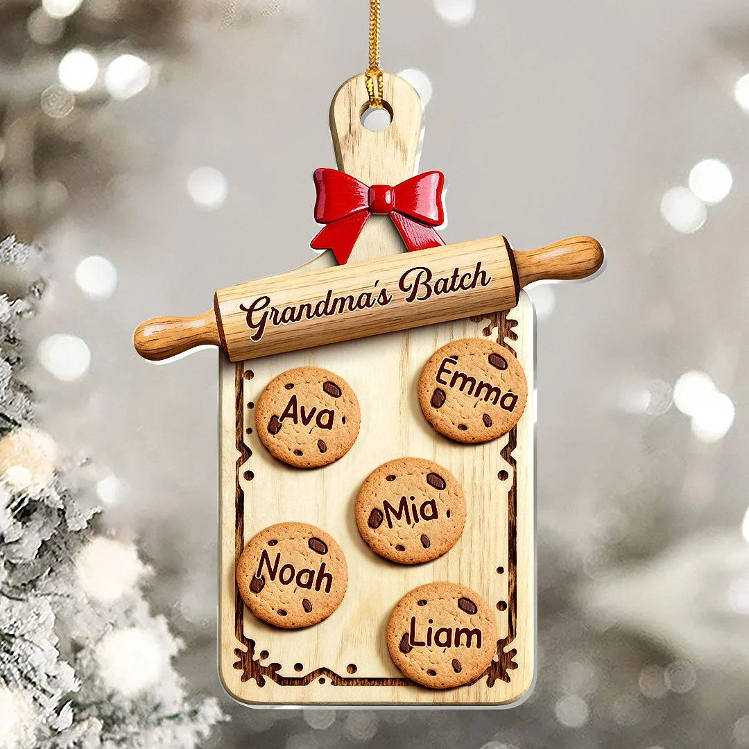 Close-up of Grandma's Batch Ornament Custom Name Christmas Cookie Cutting Board Personalized Gift for Grandma